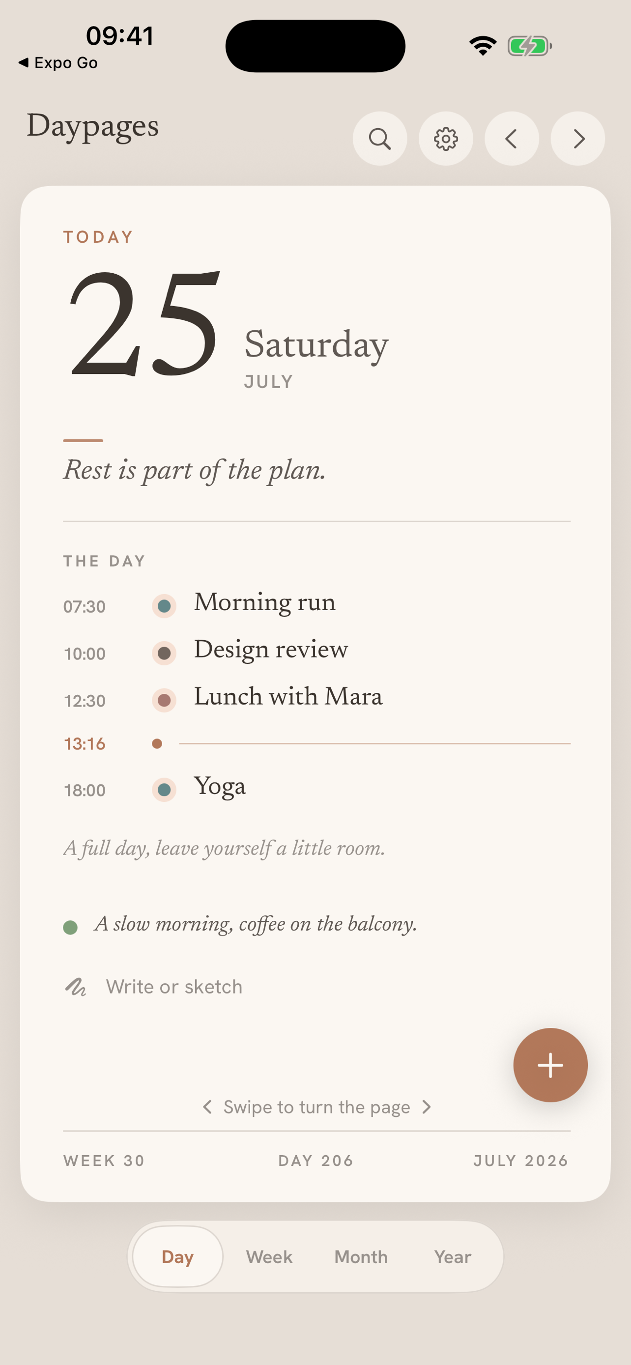Day view: one calm page per day