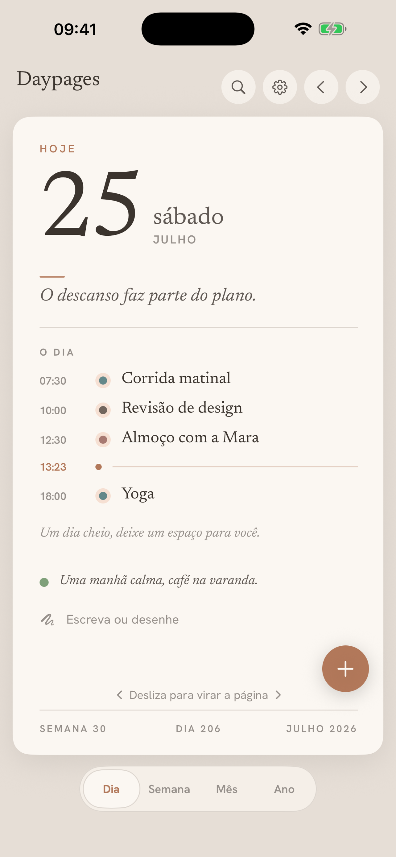 Day view: one calm page per day