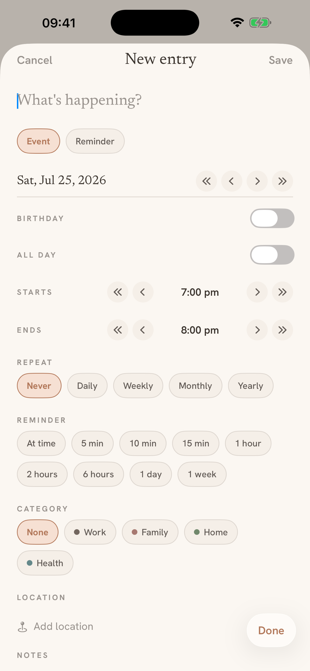 New entry: events and repeating reminders in seconds