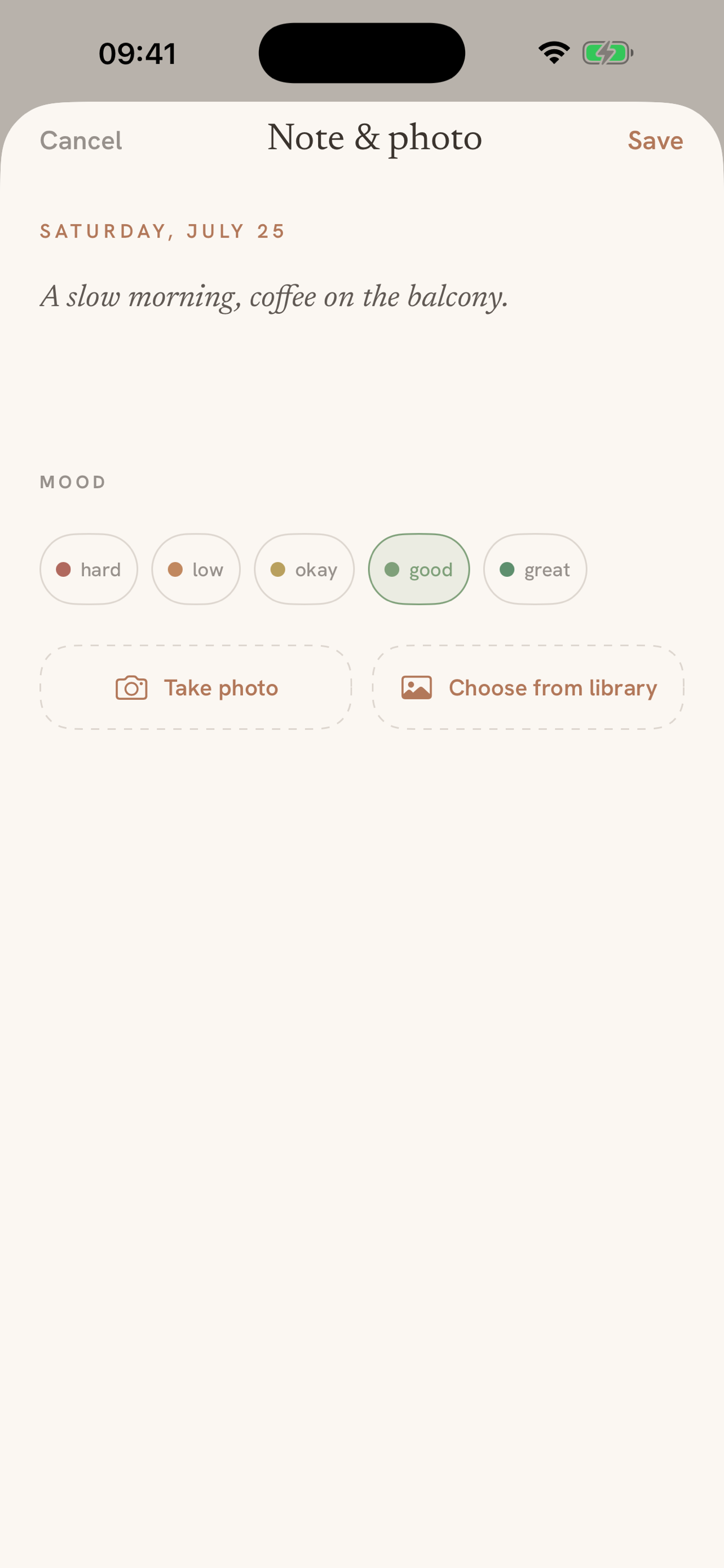 Keepsake: notes, moods and photos on any day