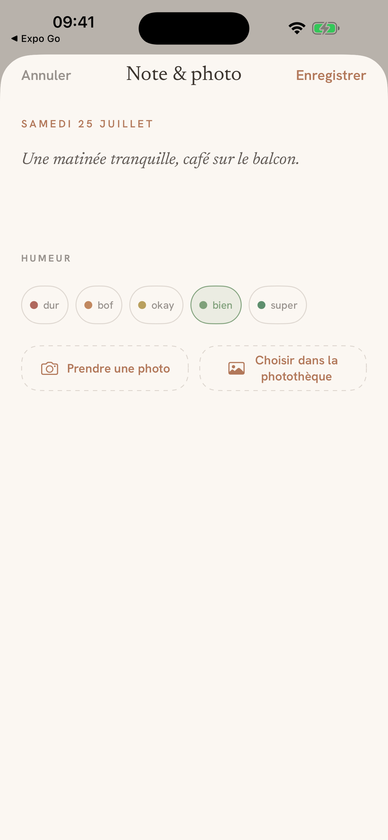 Keepsake: notes, moods and photos on any day