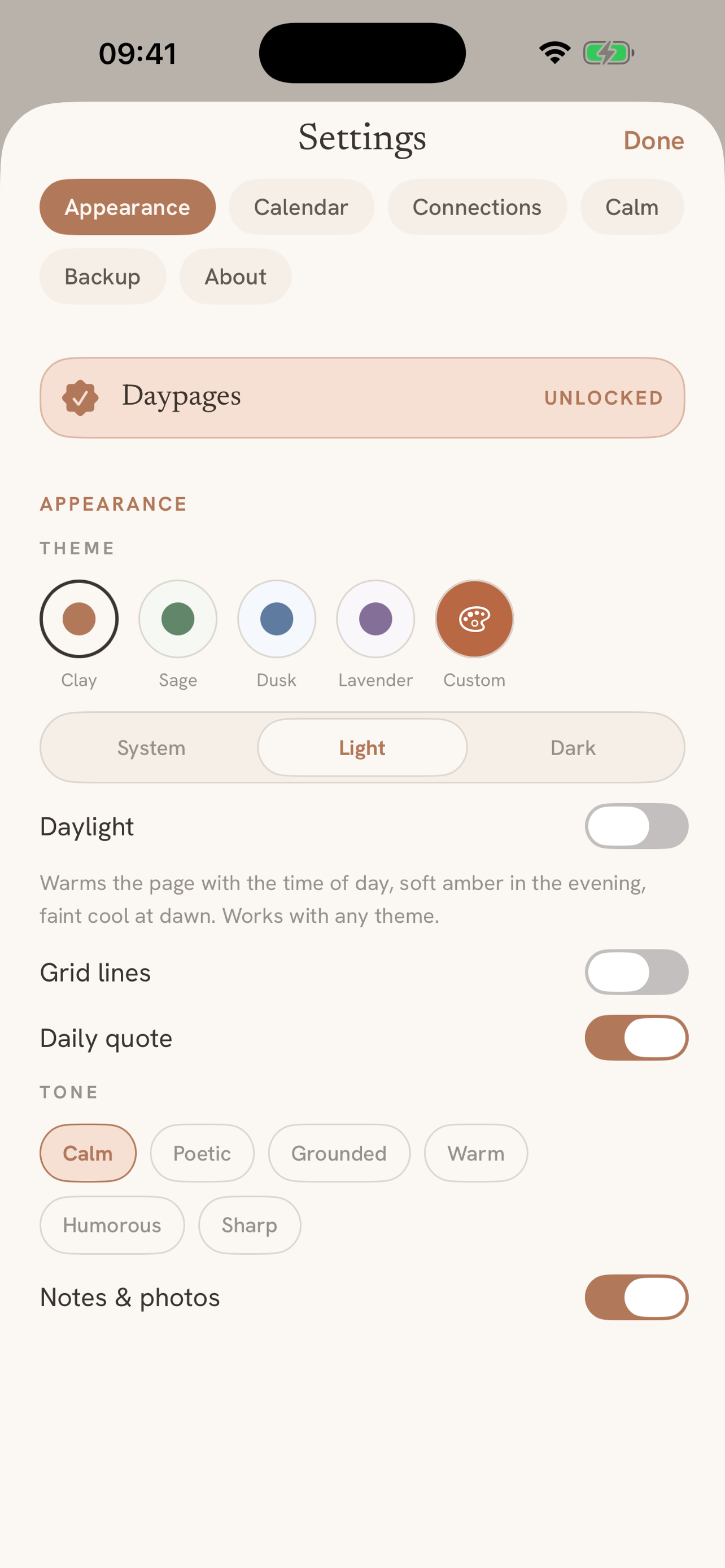 Themes: five calm palettes plus your own colour