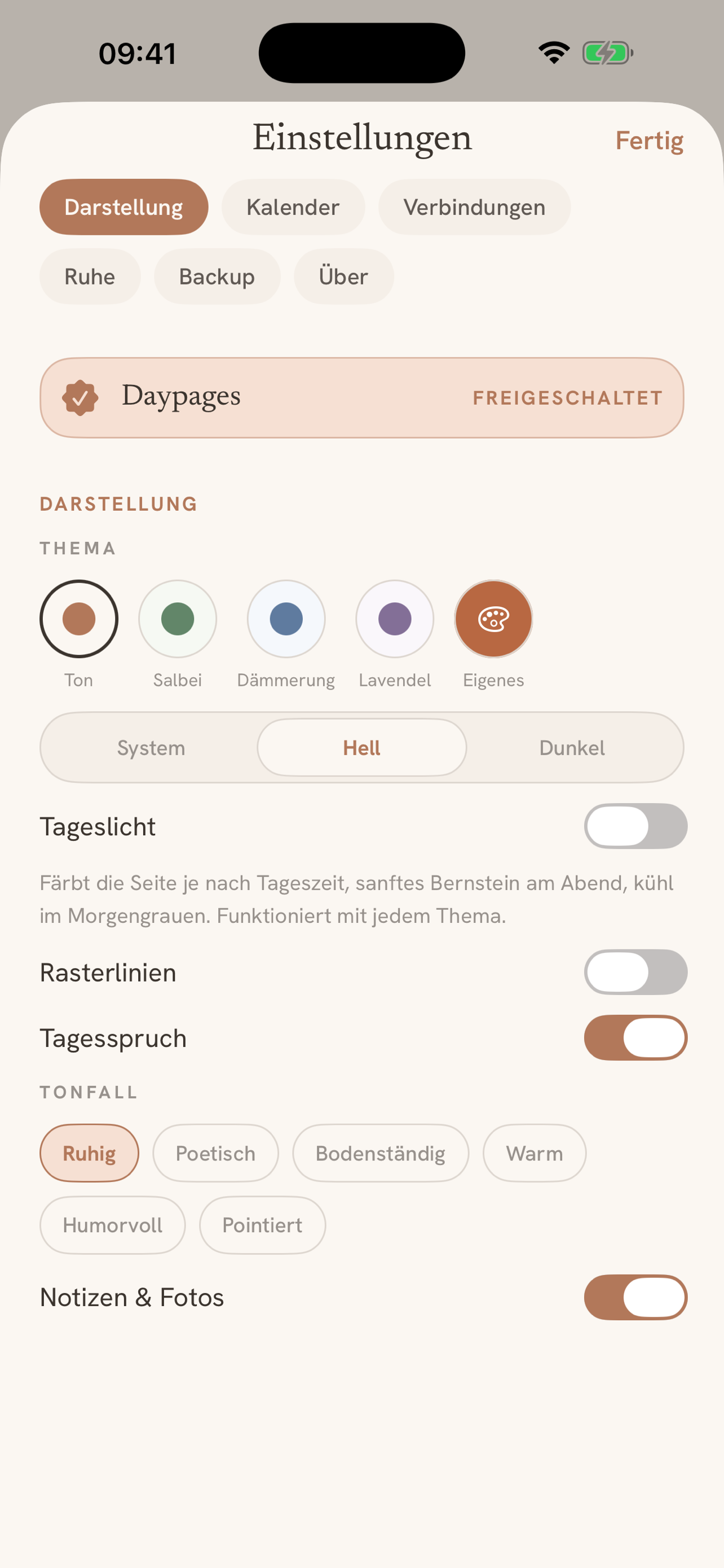 Themes: five calm palettes plus your own colour