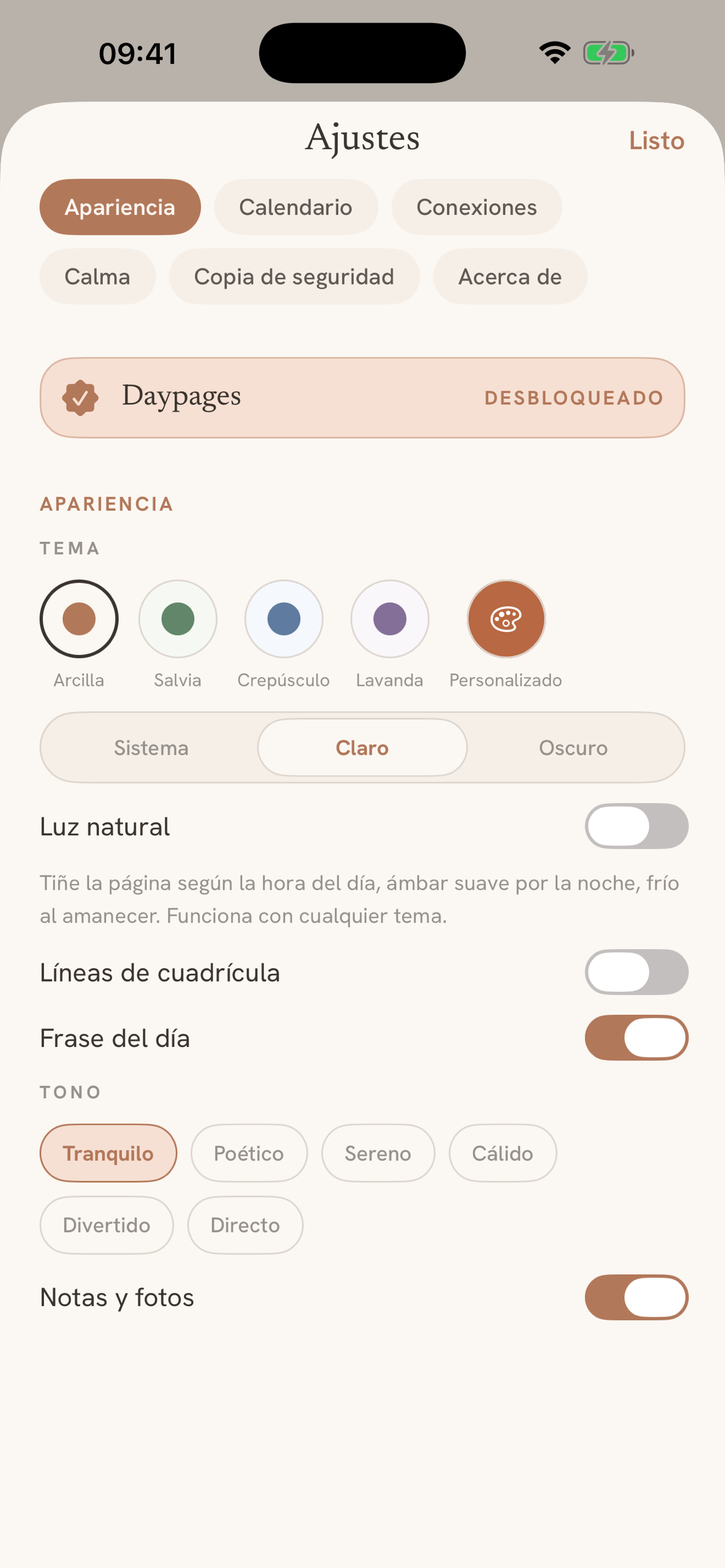 Themes: five calm palettes plus your own colour