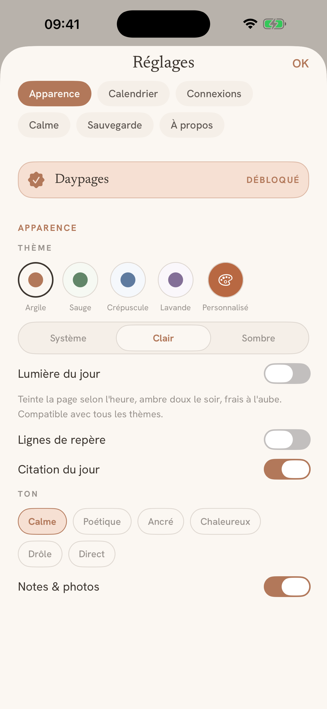 Themes: five calm palettes plus your own colour