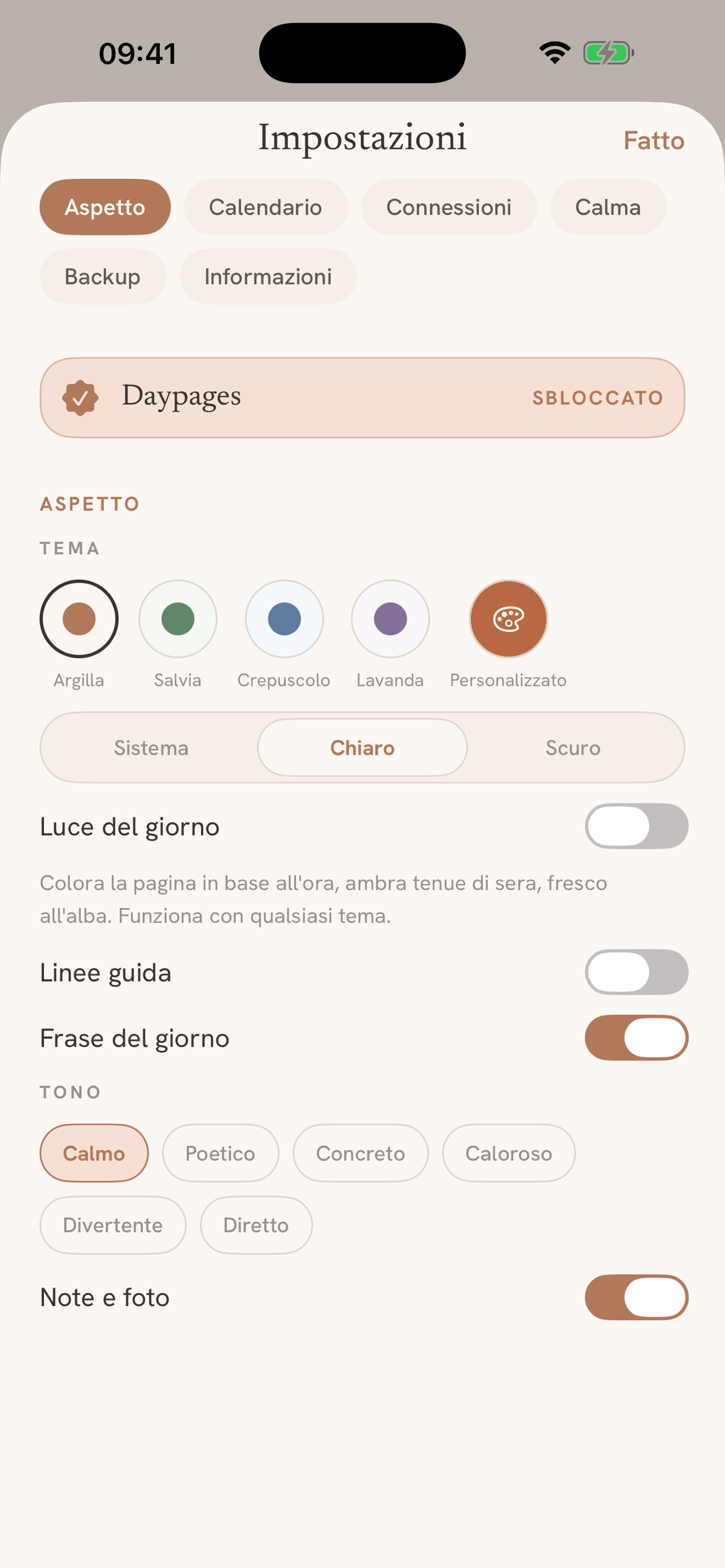 Themes: five calm palettes plus your own colour