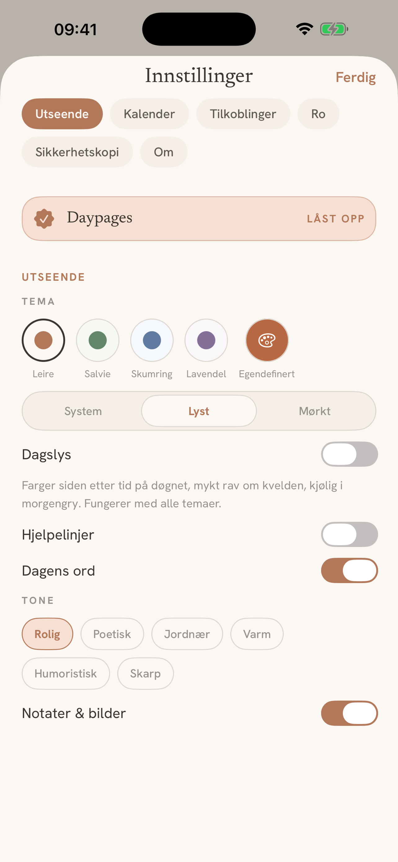Themes: five calm palettes plus your own colour