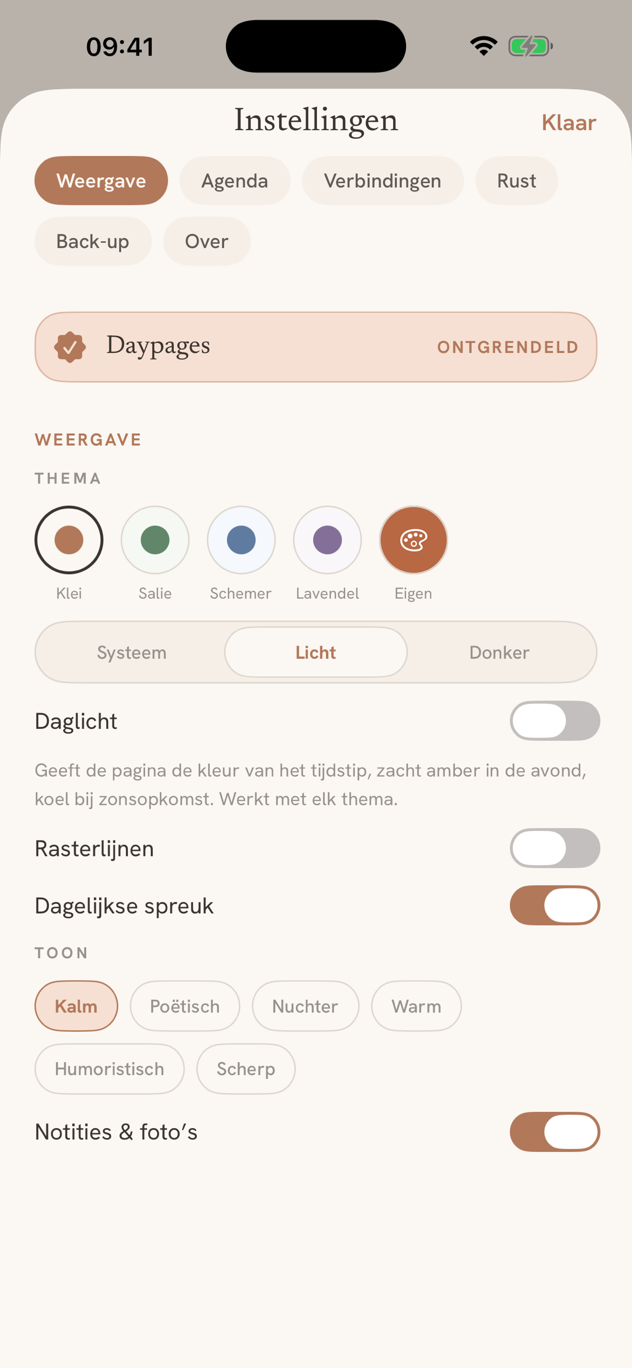 Themes: five calm palettes plus your own colour