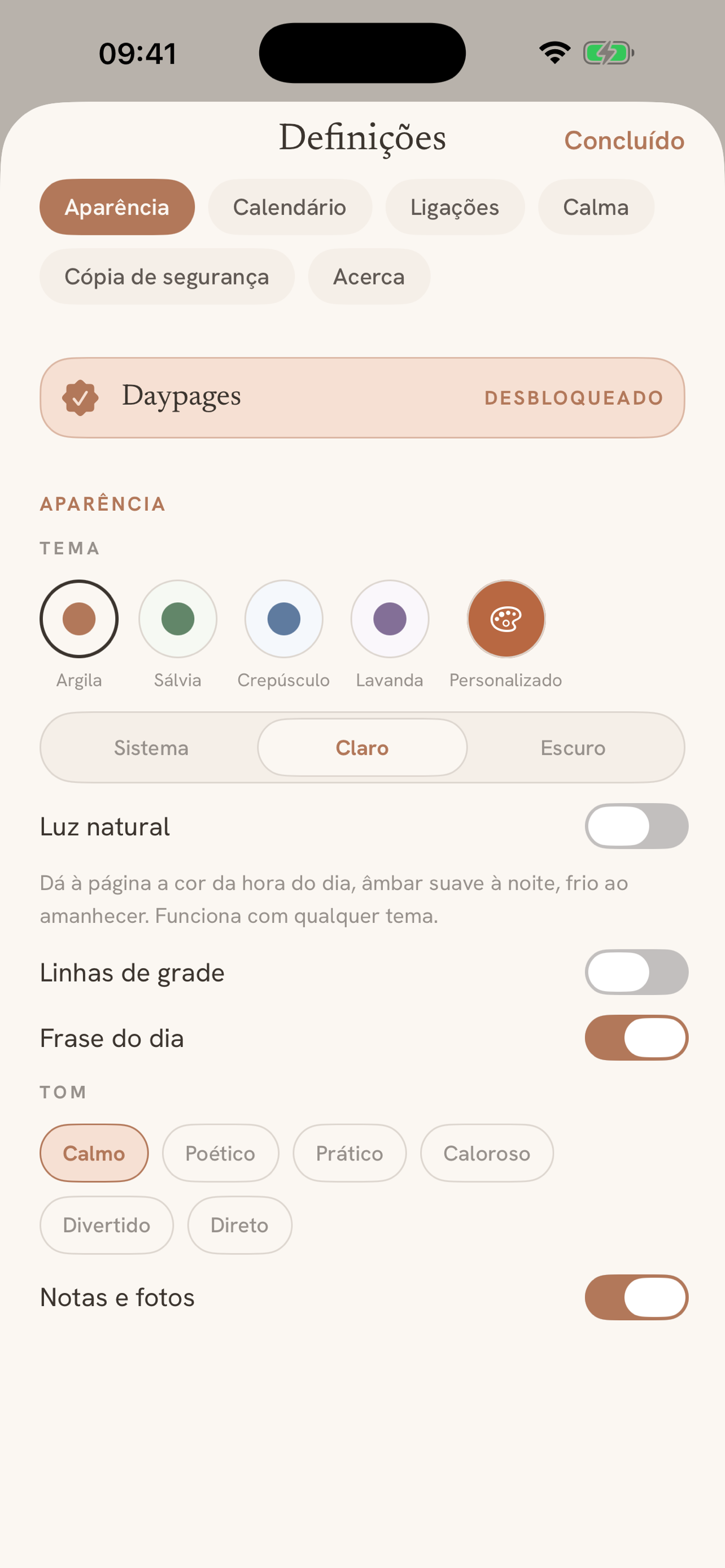 Themes: five calm palettes plus your own colour