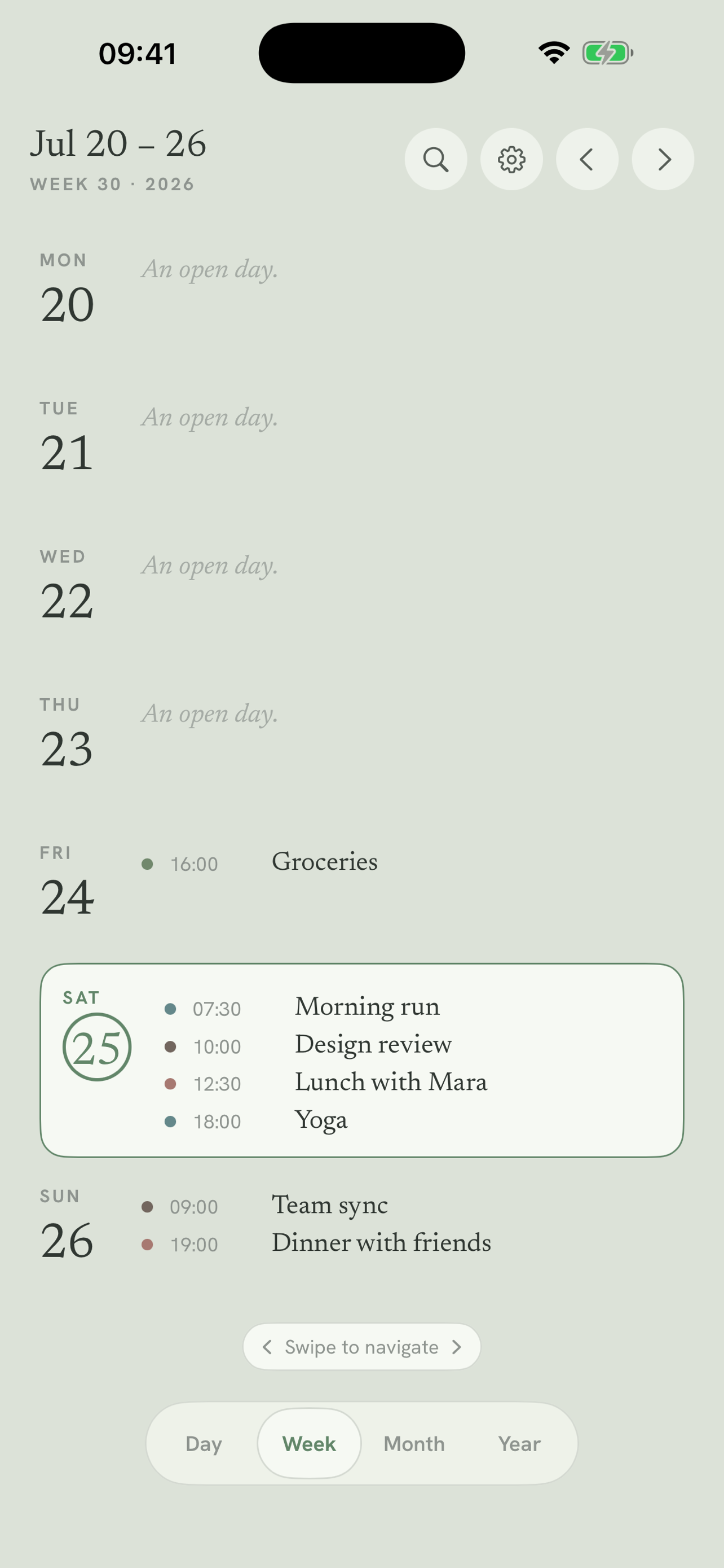Week view: your synced calendars in one list