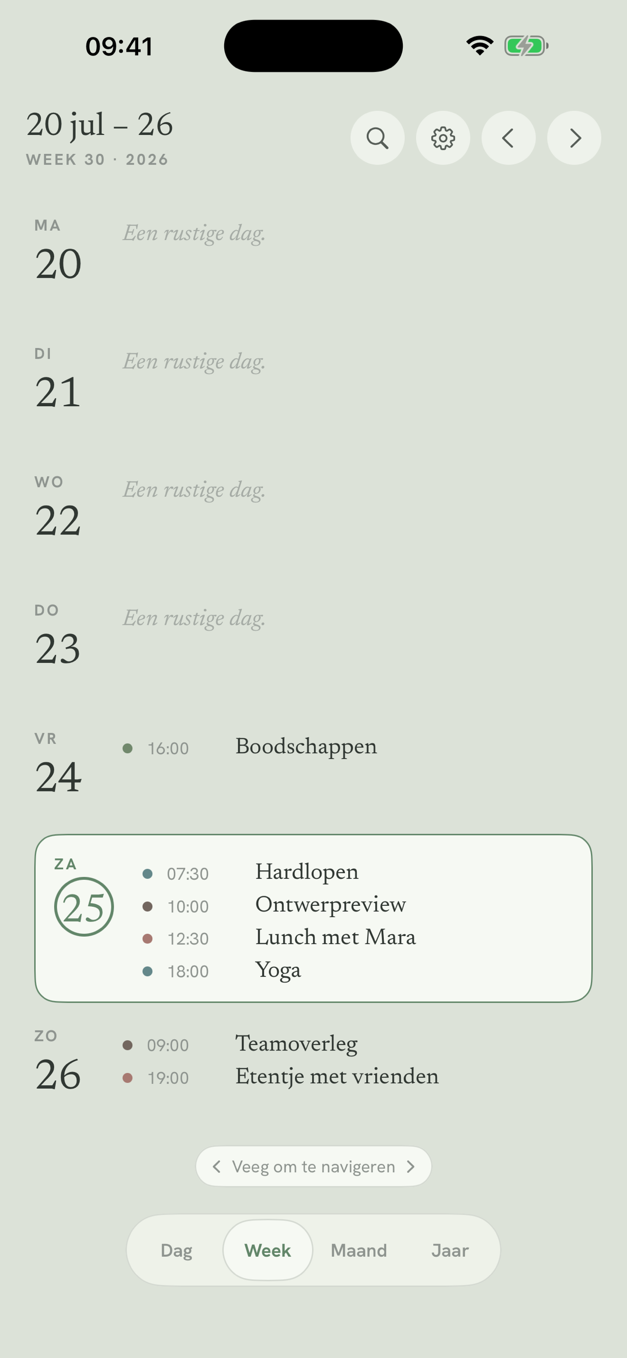 Week view: your synced calendars in one list