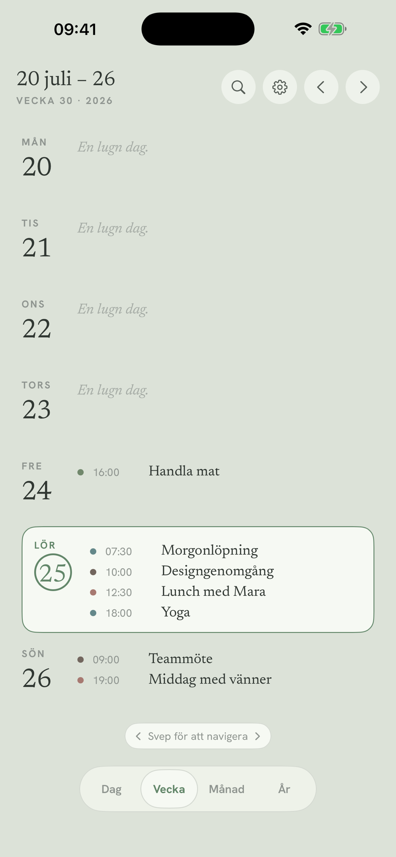 Week view: your synced calendars in one list