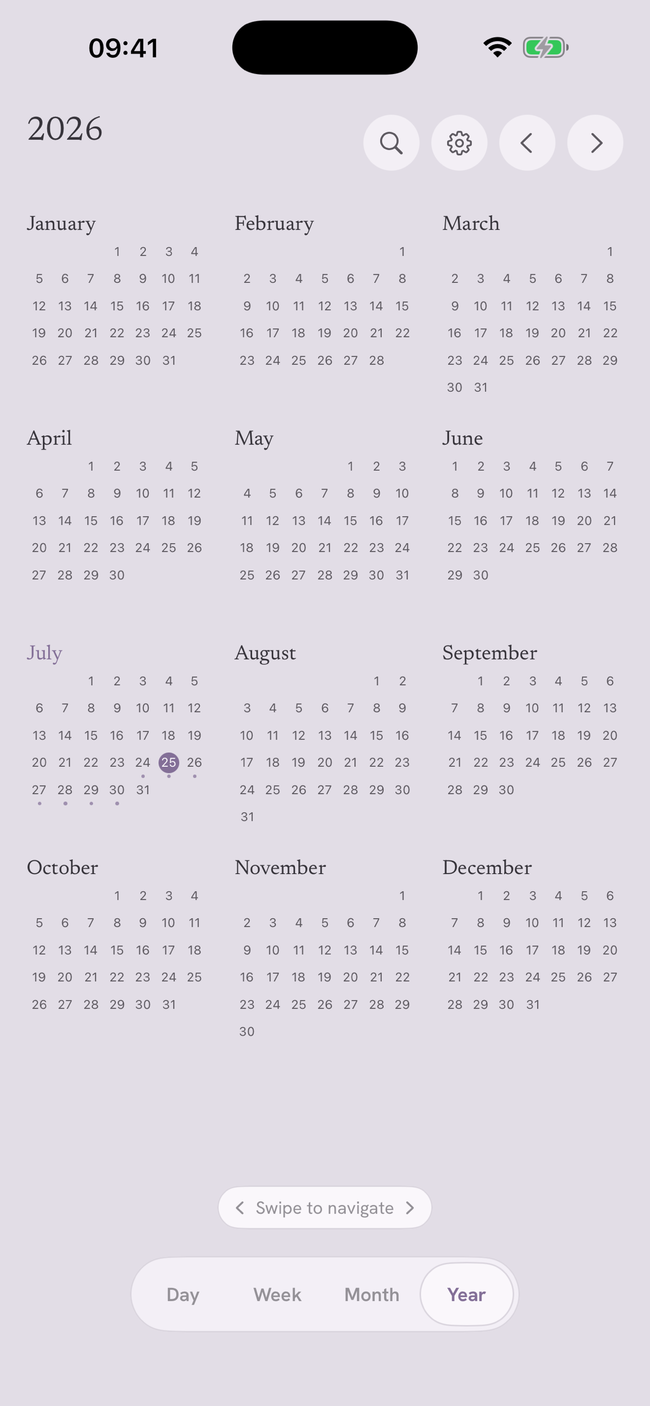 Year view: twelve months on one calm page