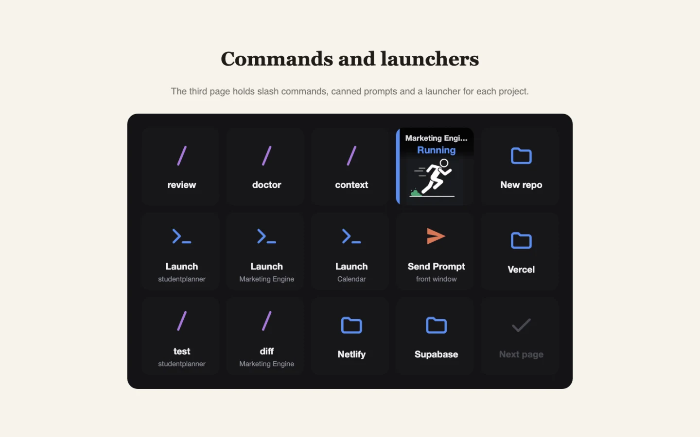 The third page: commands and launchers