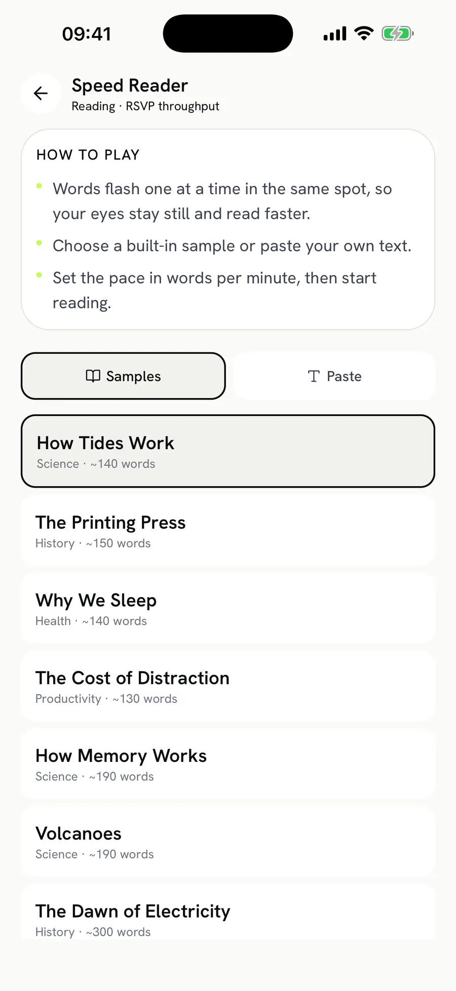 Speed Reader: choose a text, set your pace